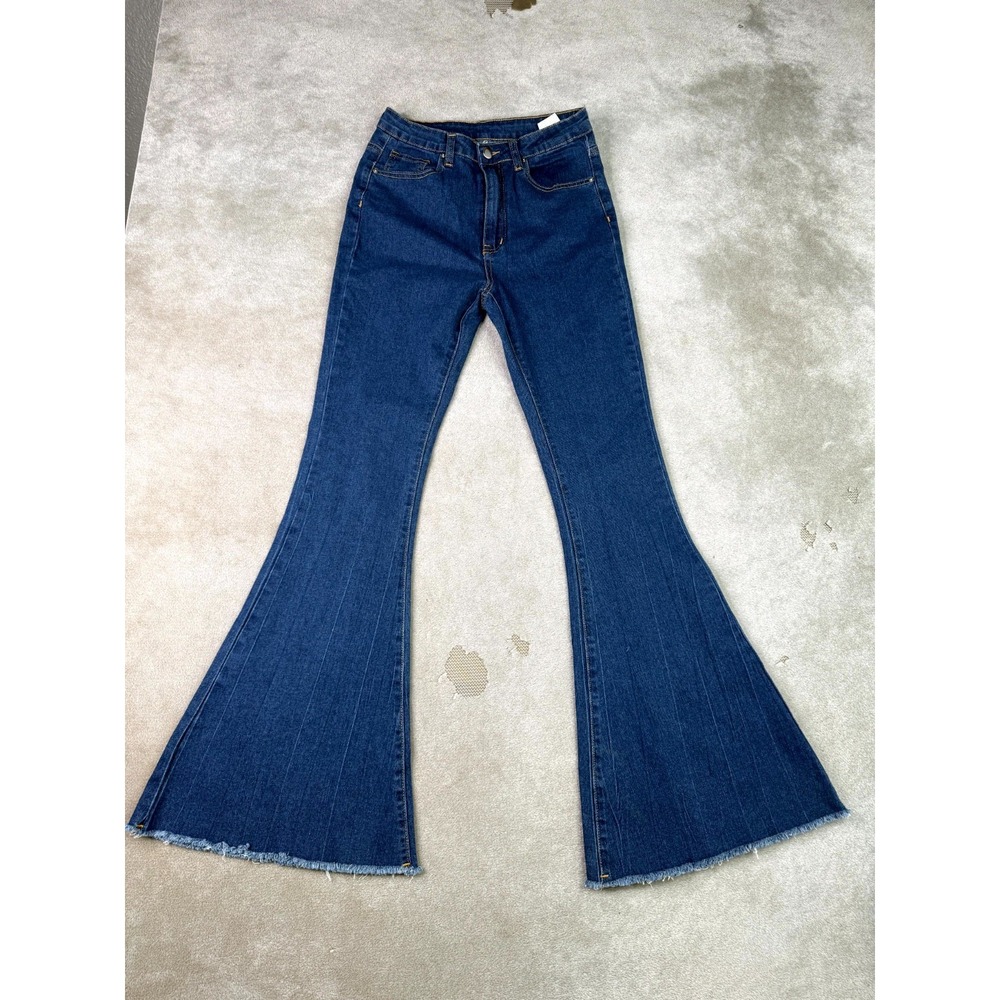 Shein Flare Jeans Womens 6 Blue Denim Mid Rise Dark Wash Streetwear Frayed Hem